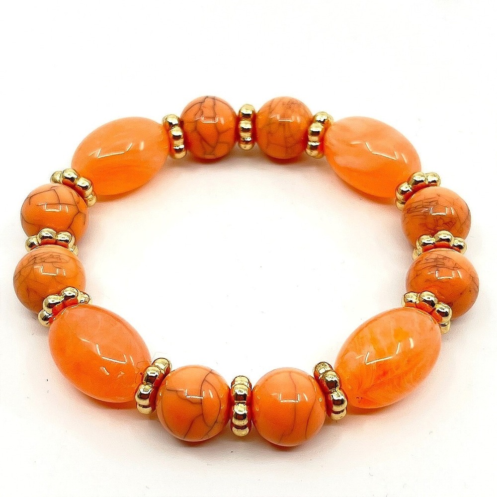 Vintage Y2K Carnelian Marbled Bead Stretch Bracelet Gold Tone Spacer Classic Bib